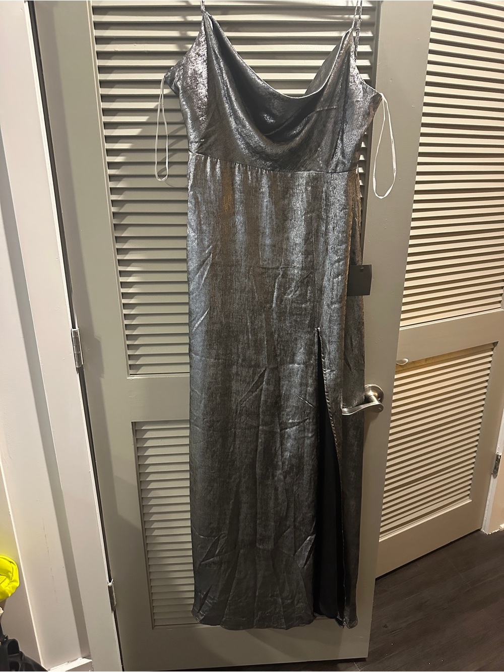 Metallic Silver Slip Maxi Dress with Cowl Neck